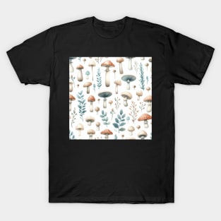 Neutral Vintage Mushroom and Leaves Pattern T-Shirt